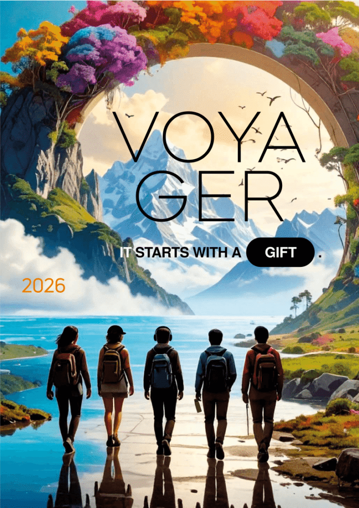 Five hikers with backpacks walk along a lakeshore toward towering mountains beneath a colorful arch, with the 'VOYAGER' title and 'It starts with a gift' text overlaid, 2026.
