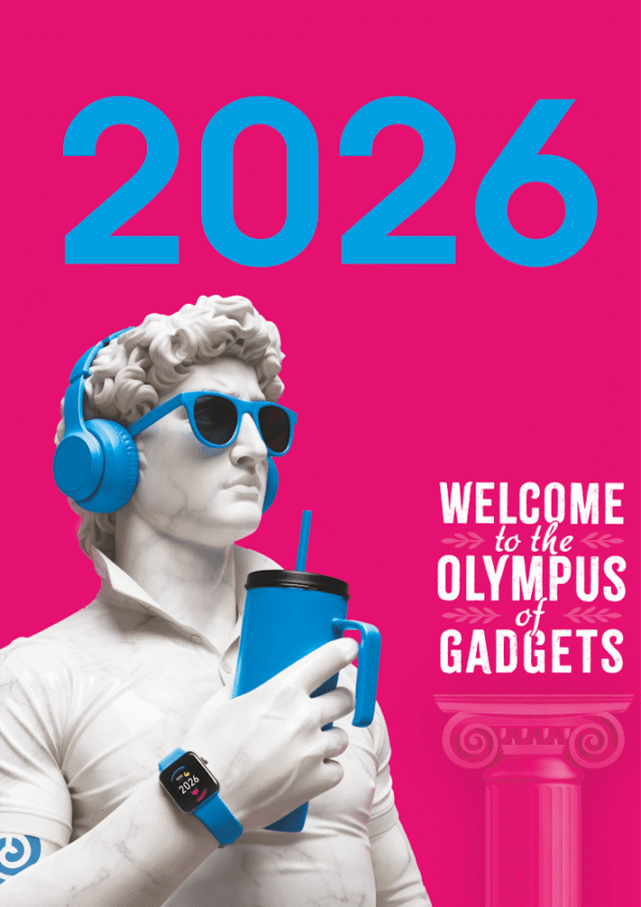 Statue wearing blue headphones and sunglasses, holding a blue tumbler, pink background with '2026' text and 'Welcome to the Olympus of Gadgets' slogan on the right