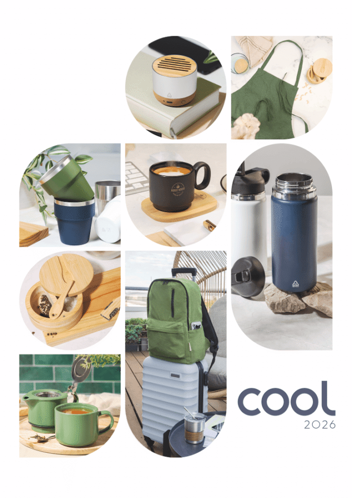 Collage of eco-friendly lifestyle products in circular frames, including mugs, drink bottles, backpack, suitcase, and a green apron, with 'COOL 2026' text.